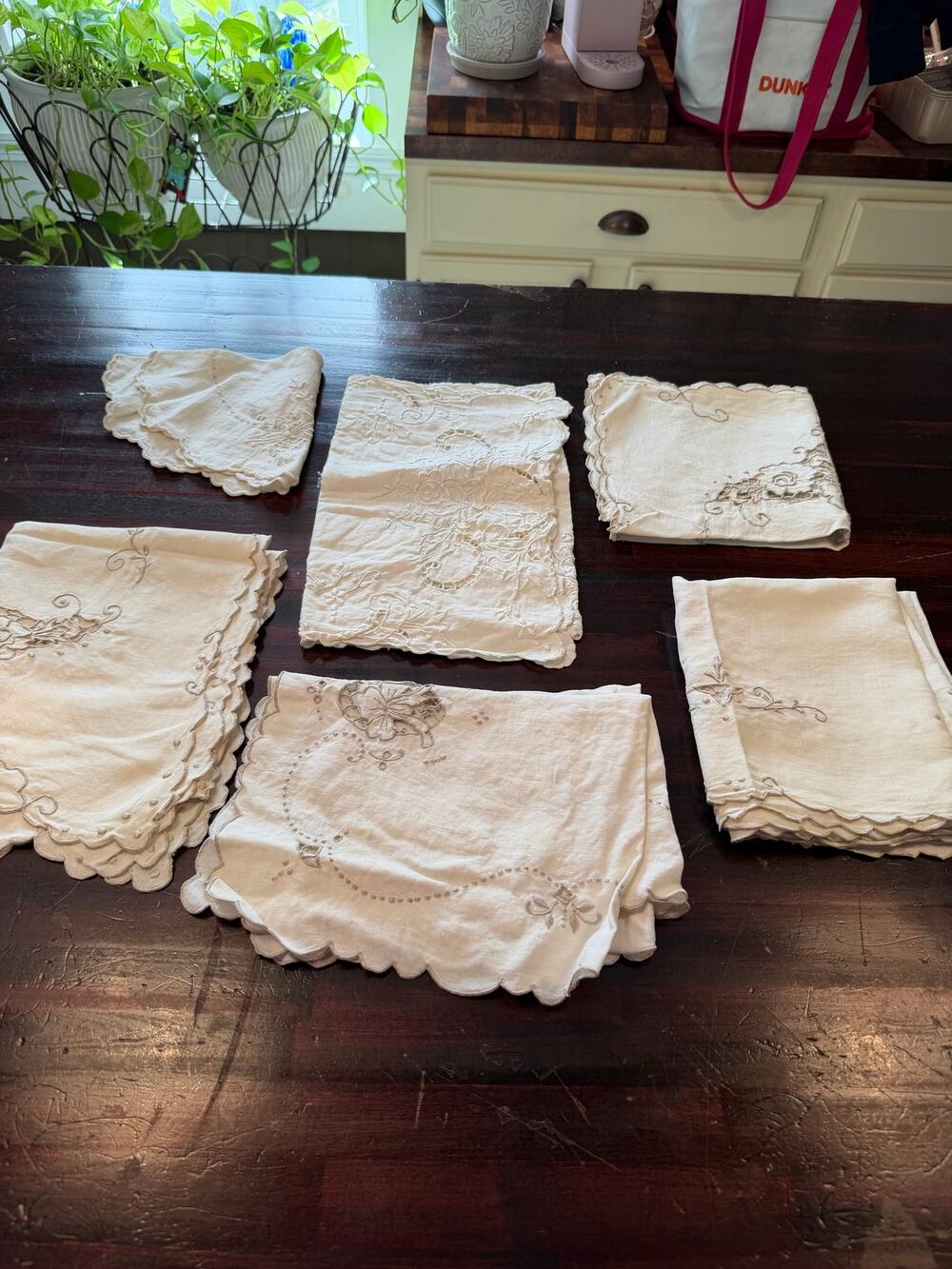 Vintage Lot of Assorted Embroidered Linens - Scalloped Edge Cutwork - Floral